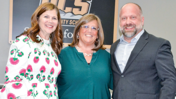 New UCMS Assistant Principal Kelly Helton with retiring UCMS Principal Tammy Hughes and new UCMS Principal Casey Jones in the March School Board meeting.